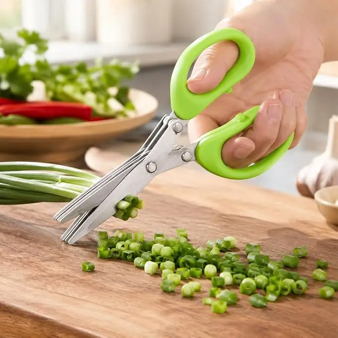 Stainless steel herb shears with 5 blades—multi-blade herb-cutting scissors, ideal for preparing salads in the kitchen