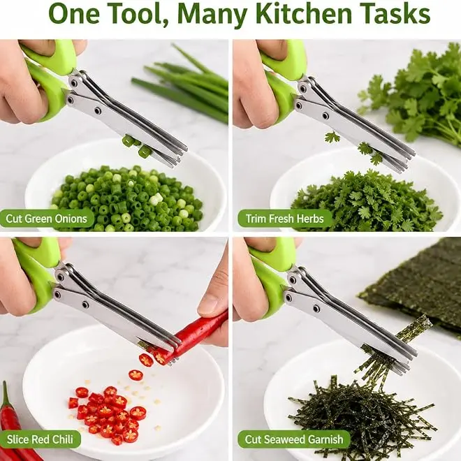 Stainless steel herb shears with 5 blades—multi-blade herb-cutting scissors, ideal for preparing salads in the kitchen