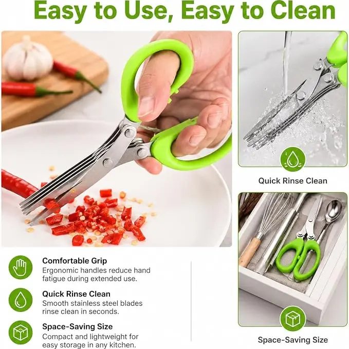 Stainless steel herb shears with 5 blades—multi-blade herb-cutting scissors, ideal for preparing salads in the kitchen
